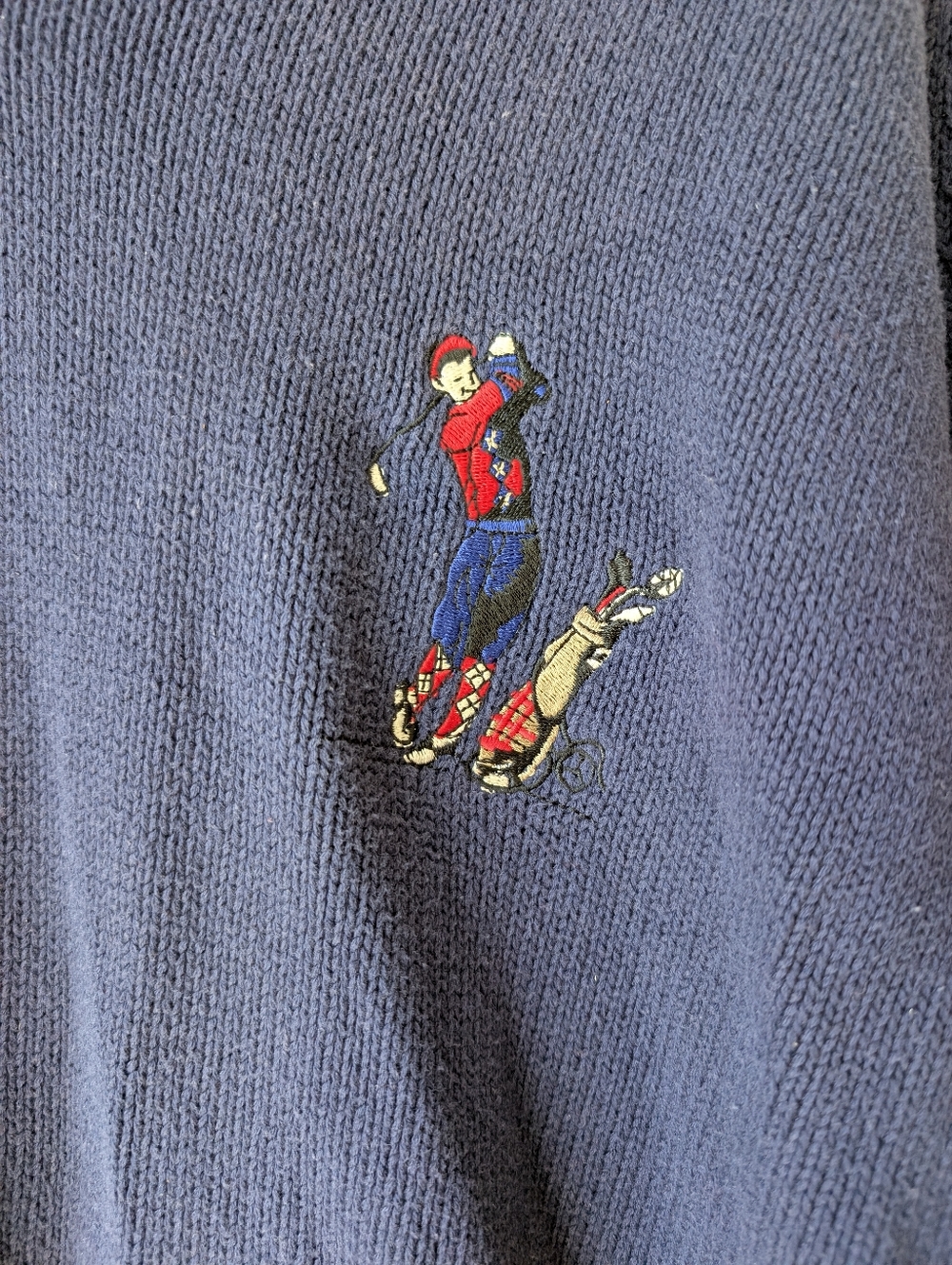 Vintage V-Neck Sweater Navy Red Trim Novelty Golf Embroidered Cotton Size XXL - Picture 2 of 8